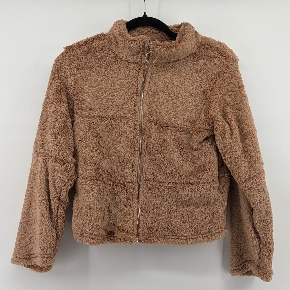 NWOT Womens Small Brown Sherpa Fleece Jacket Fluffy Fuzzy Puffer Zip Up Coat